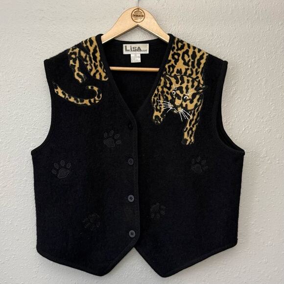 Lisa International Women’s 100% Boiled Wool VTG Leopard Cheetah Paw Vest Size L - Picture 2 of 10